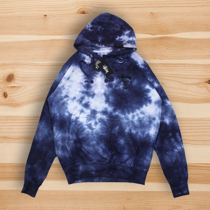 HOODIE STUSSY INTERNATIONAL WORLD TOUR FLAG TIE DYE WASHED BLUE WHITE