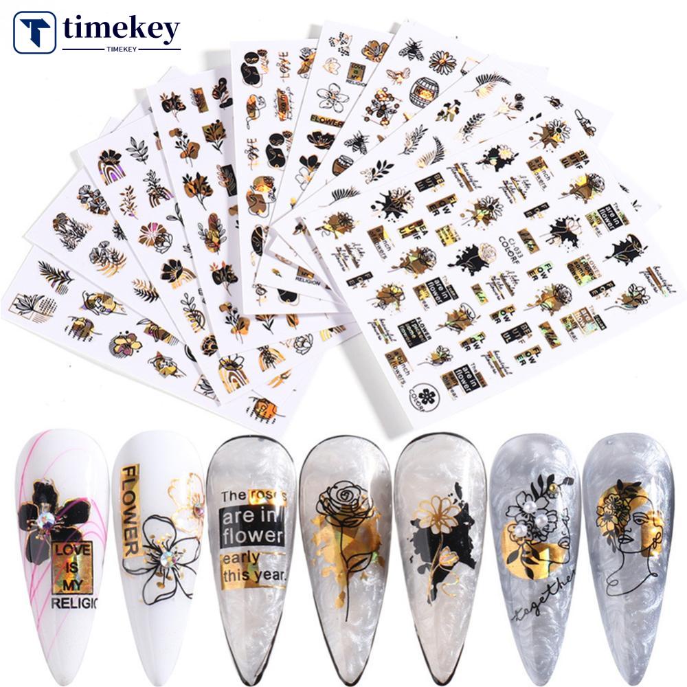 Timekey Stiker Kuku Motif Hewan / Tanaman / Bunga Warna Hitam Bronzing Untuk Dekorasi Nail Art / Manicure A2K1