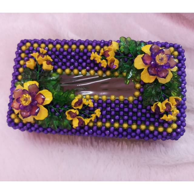 Kotak Tissue Akrilik mote Manik manik Ungu Kuning Love