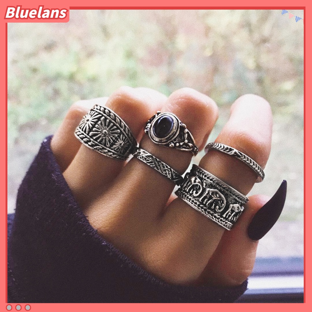 Bluelans 5Pcs Carving Elephant Round Stone Stacking Women Retro Knuckle Ring Jewelry