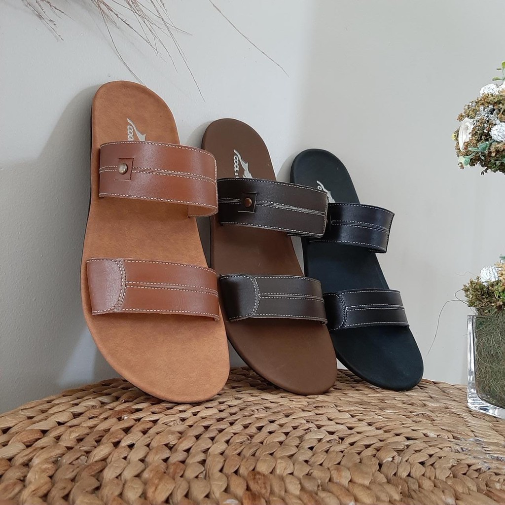 SANDAL PRIA SLIDE KULIT ASLI WARNA HITAM COKLAT TAN