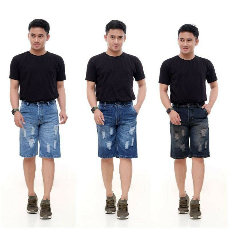 Celana Jeans Pendek Sobek Robek Ripped Pria Cowok Cowo Laki-laki Dewasa