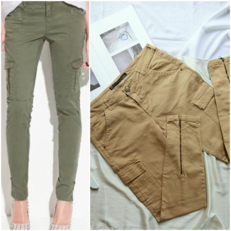 ZARA TRF Original Celana Skinny Cargo Denim Jeans Tan Second Branded Preloved Bekas