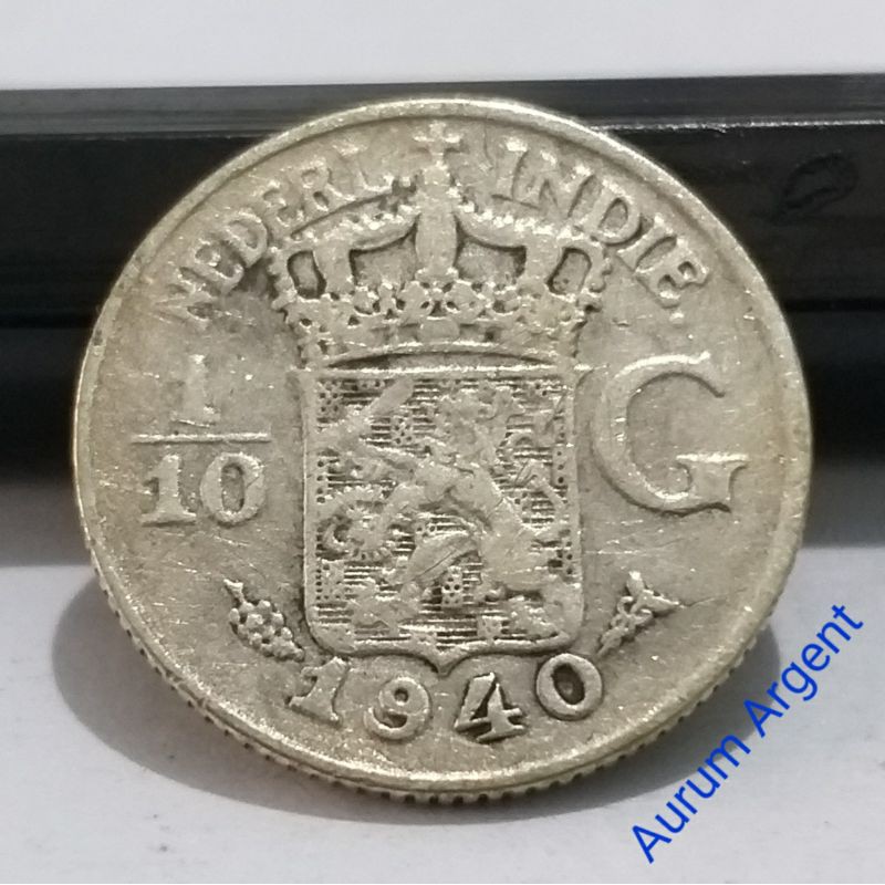 SC.22- 1 PC KOIN PERAK KUNO ASLI 1/10 GULDEN NEDERL INDIE TH 1940. -- SILVER COIN --
