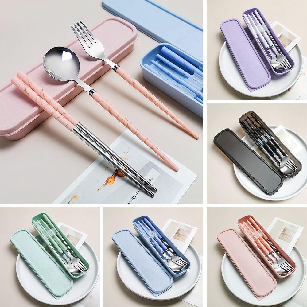 Top 3PCS/Set Alat Makan Set Travel Aksesoris Dapur Peralatan Makan Portable Reusable Camping Spoon Fork Chopsticks Set