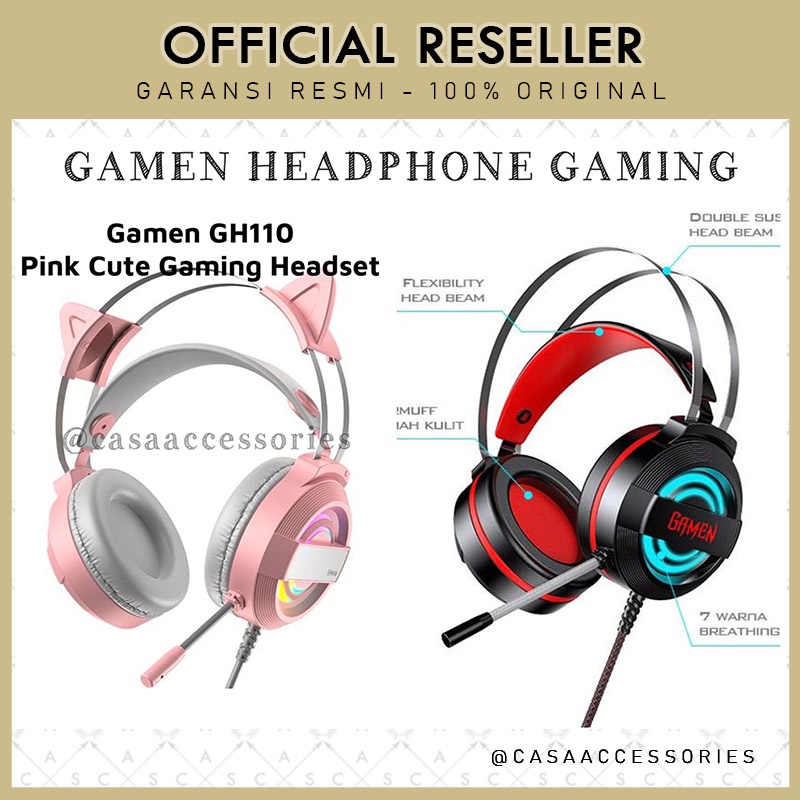 Gamen GH1100 Pink Cat Ear Cute RGB Wired Headset Headphone Gaming HP