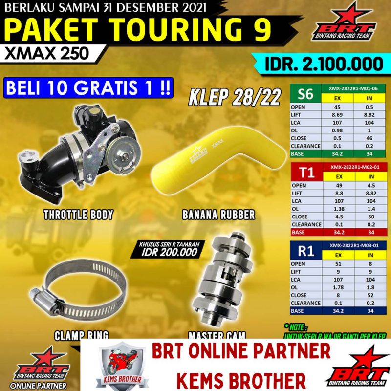 PAKET BRT XMAX TOURING 9 (THROTTLEBODY 38MM/40MM, BANANA RUBBER, NOKENAS/MASTERCAM S T R