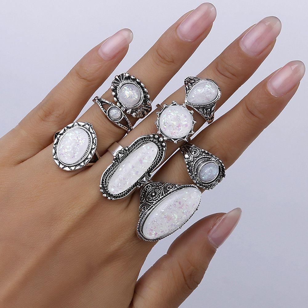 Top 8pcs/set Wanita set Cincin Fashion Baru Batu Opal Ukir Warna Perak Bohemian Perhiasan