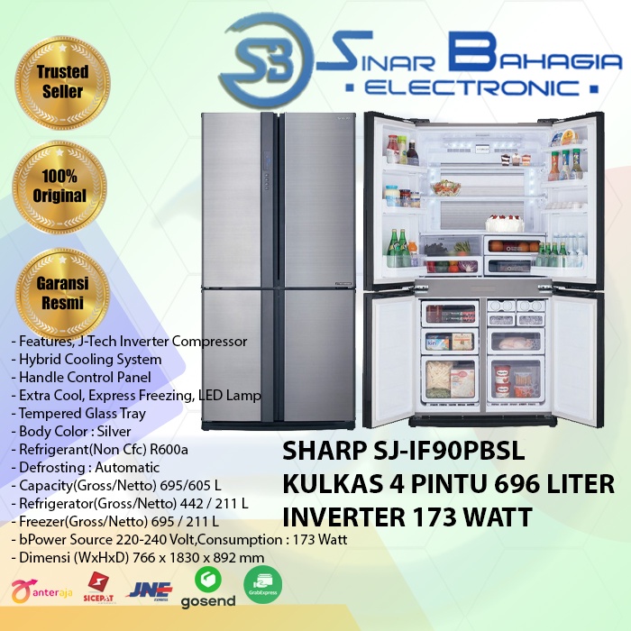 SHARP SJ-IF90PBSL KULKAS 4 PINTU 696 LITER INVERTER 173 WATT 1830 x 892 x 766 mm (NEW) (KHUSUS BANDU