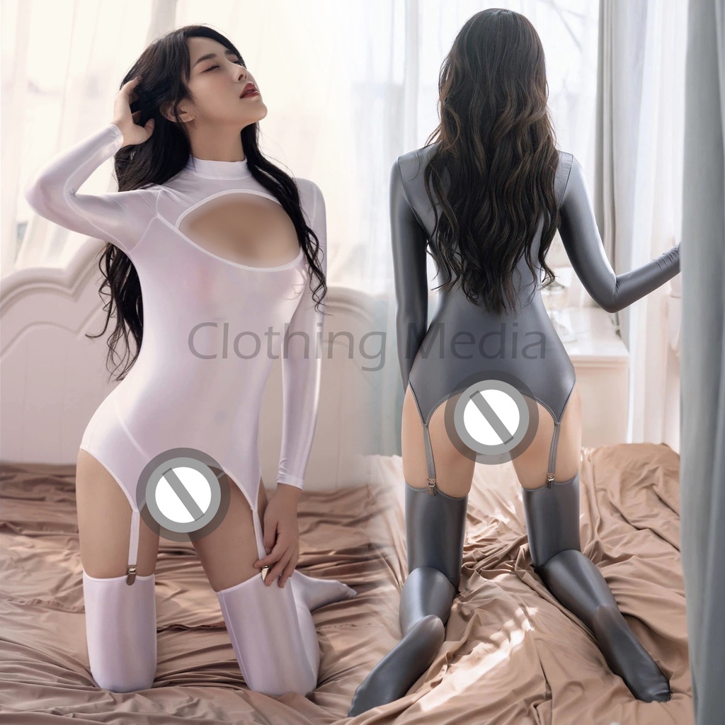 Bodysuit Silky Set Baju Dada Terbuka Stocking Garter Warna Halus Elastis