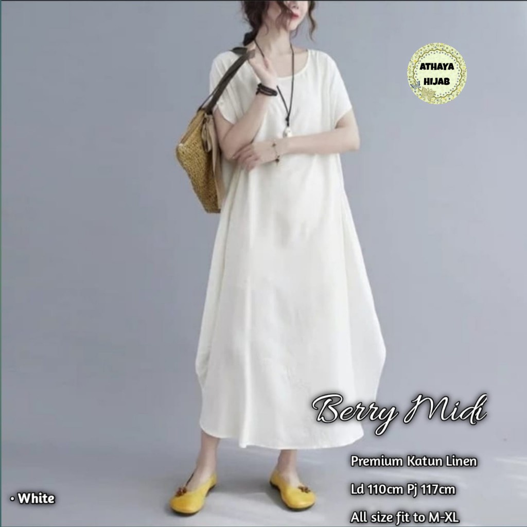[BISA COD] BERRY MIDI DRESS BY ATHAYA / GAMIS MIDI BERBAHAN KATUN LINEN / MIDI DRESS POLOS TERBARU