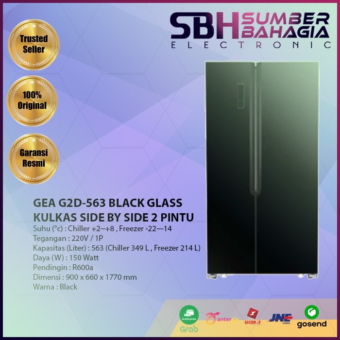 GEA G2D-563 BLACK GLASS KULKAS SIDE BY SIDE 2 PINTU HITAM KACA (NEW) (KHUSUS BANDUNG)