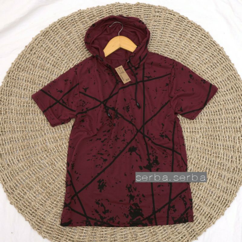 Kaos hoodie pria lengan pendek motif garis bintang merah