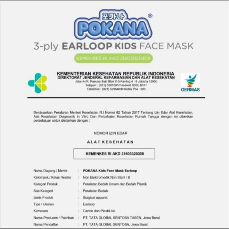 Masker Pokana Headloop dan Earloop Sachet