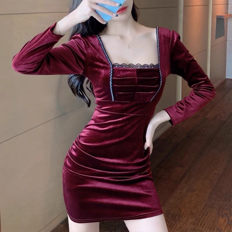 Md20/248 Korean velvet mini dress bodycon long sleeve square neck / Gaun pendek lengan panjang leher kotak bludru