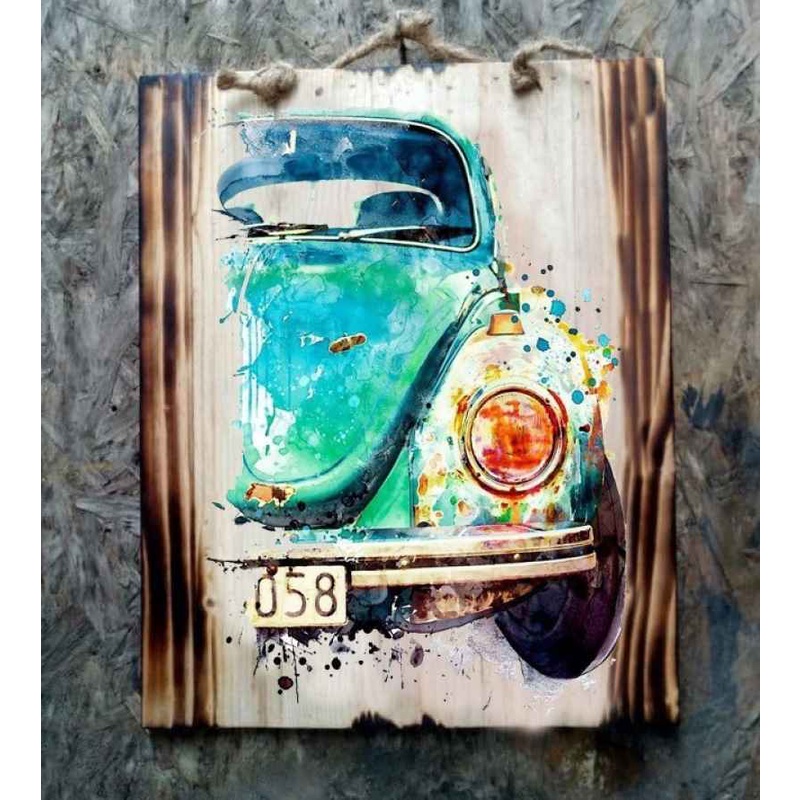 Hiasan Dinding Vintage Lukisan Kayu Vw Kodok Abstrak Dekorasi Cafe