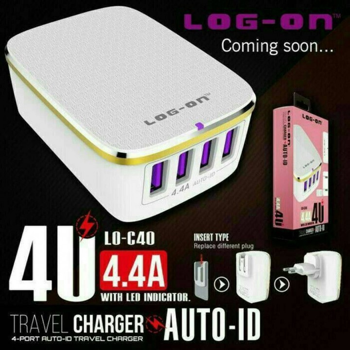 ADAPTOR TRAVEL CHARGER LO-C40 4 PORT USB 4.4A AUTO ID -LOG ON