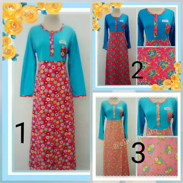 Gamis warna biru aneka motif bunga