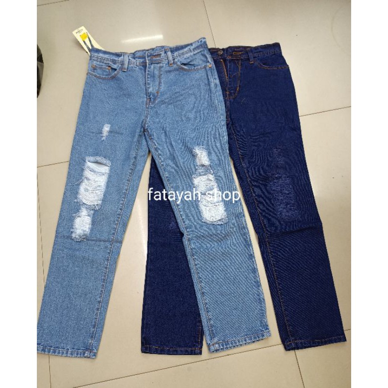 Celana Boyfriend Jeans Sobek Ripped Wanita Lapis puring Standar