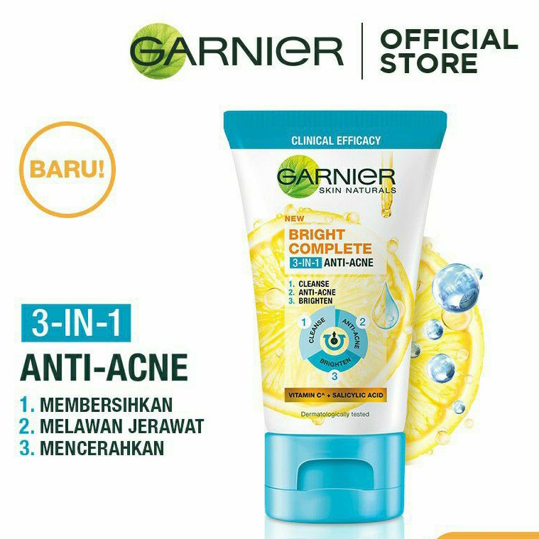 Garnier Bright Complete 3 in 1 Anti Acne Facial Wash | Clear Up Anti Acne Serum Mask | Masker Wajah (✔BPOM)