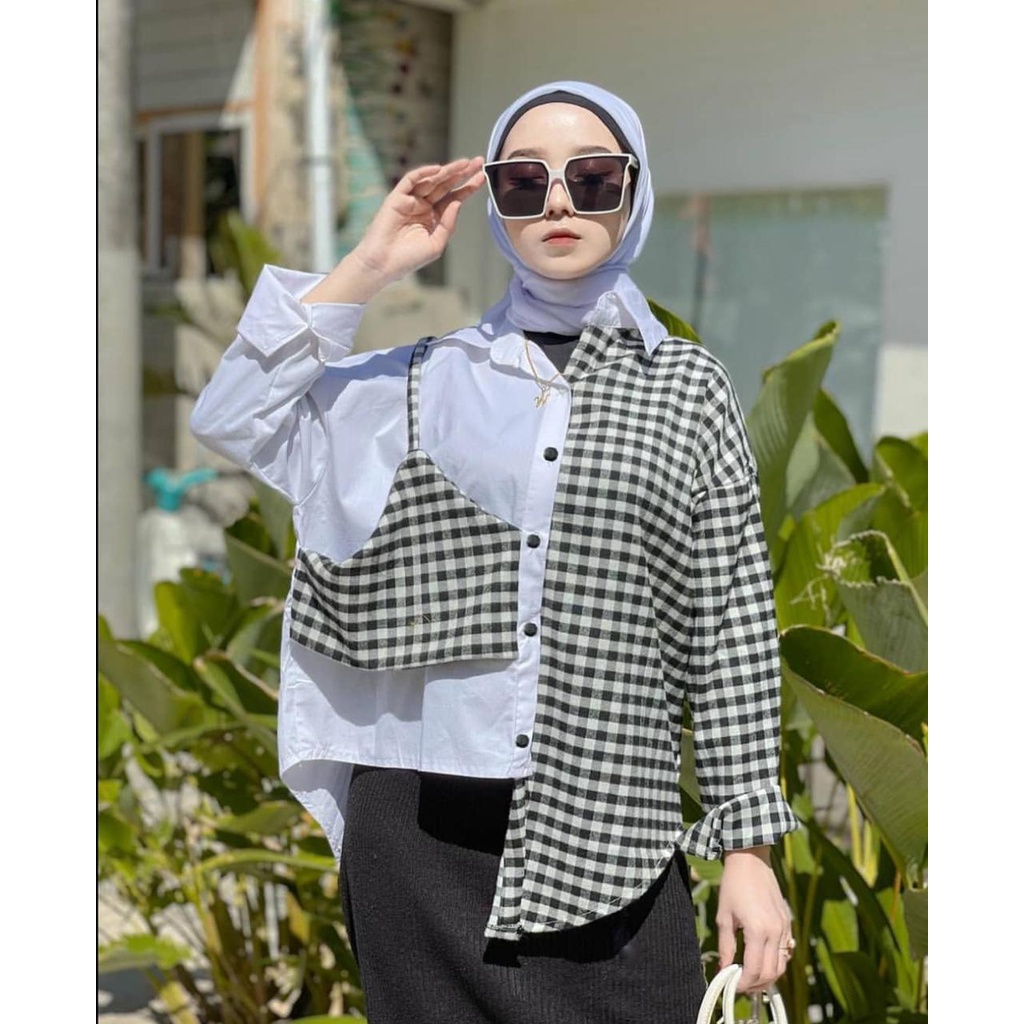 1KG MUAT 5PCS | OMMY CUBI BLOUSE MONOCHROME TARTAN COMBI KOREAN STYLE HITS OOTD SELEBGRAM FASHION