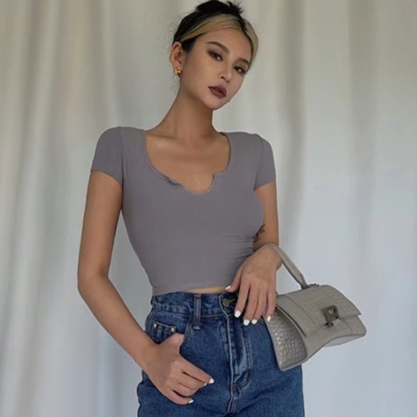 【LIVIAHOME】V-Neck Short Sleeve Ribbed Crop Top 7281