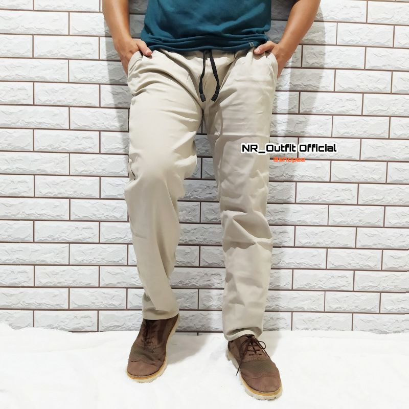 Celana Chino Pinggang Karet Rip Panjang Pria Kolor Panjang Polos Bahan Cotton Combed Diamond