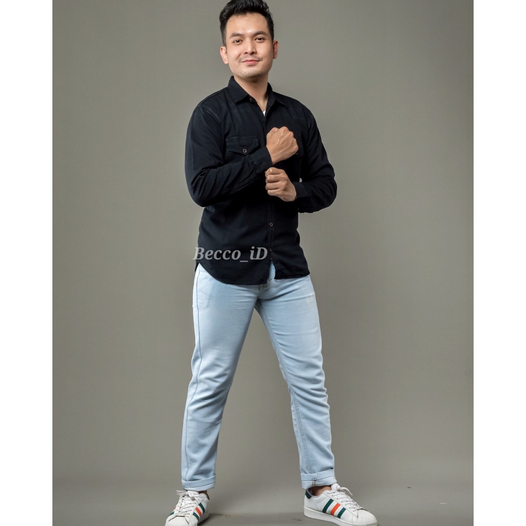 Kemeja Jeans Panjang Original Basic Pria l Kemeja Polos  l Kemeja Kantoran Termurah