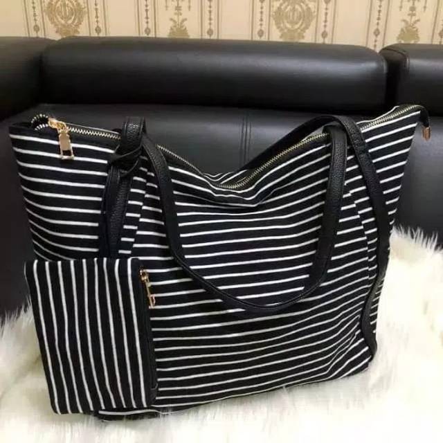 Tas fashion korea tote bag / tas stripe tote bag / tas strip nylon tote bag / tas nylon tote bag