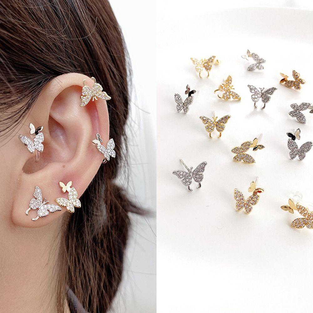Needway Klip Anting Minimalis Retro Hadiah Untuk Wanita Kupu-Kupu Berlian Imitasi Mengkilap Anting Tulang Rawan Palsu