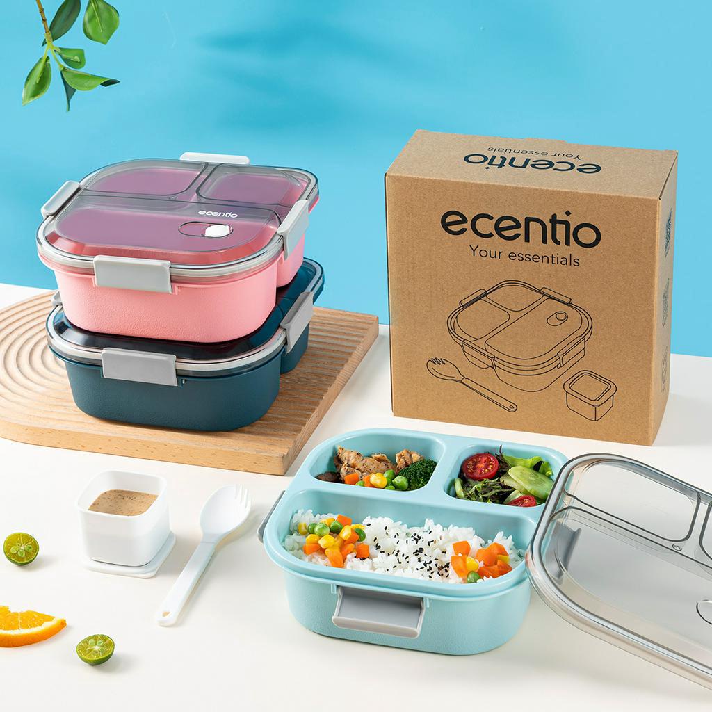 ecentio Kotak Makan 3 Grid lunch box/disegel Kotak/Anti bocor 1100ml+100ml/wadah individu/tempat makan dan sendok/ Free BPA