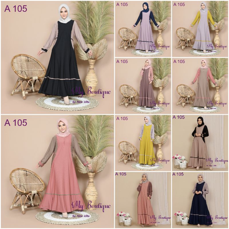 Gamis A105 My Boutique Fashion Busui Friendly Stella Crepe Premium Kantong Samping LD 110 PB 137