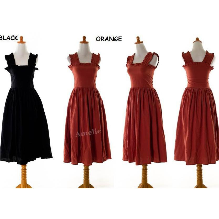 Baju Long Dress Midi Wanita Korea Import AB734772 Orange Black Hitam