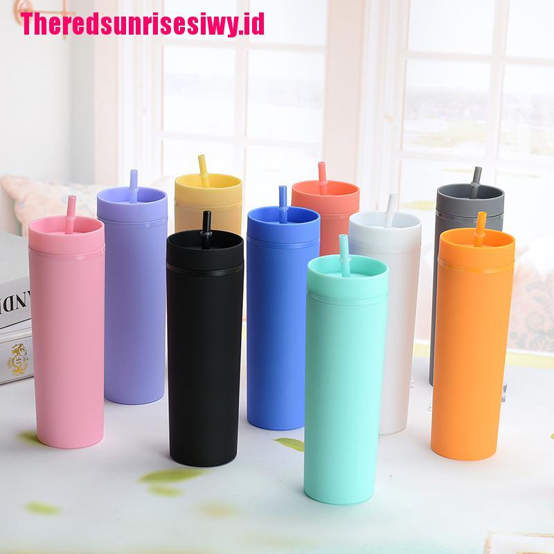 1pc Tumbler Dinding Ganda Bahan Plastik Ukuran 16oz Dengan Sedotan