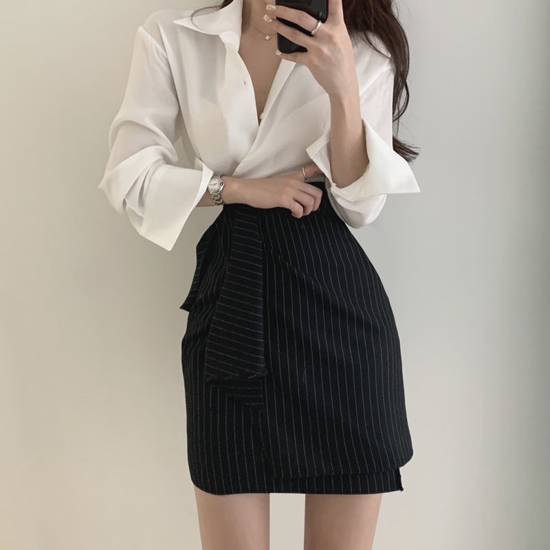 Blus setelan geng + set dua potong rok A-line pinggang tinggi