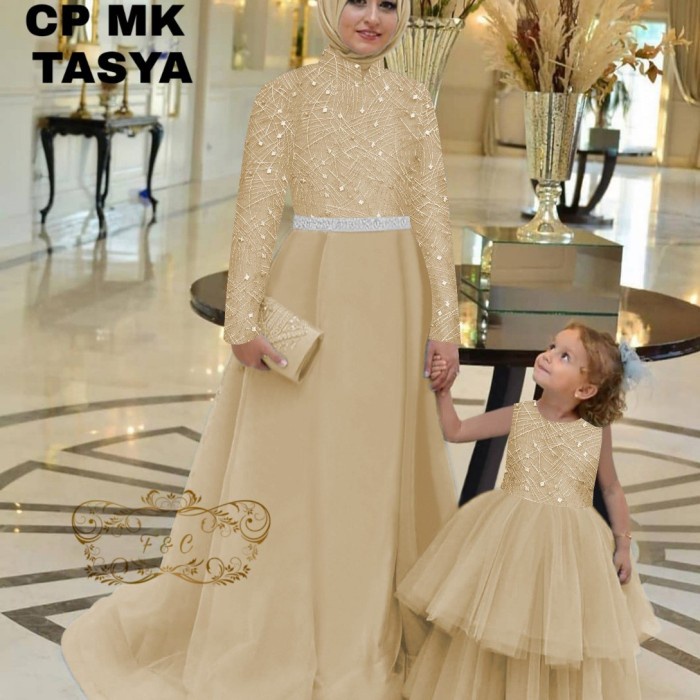 Set-Family-Muslim-Busana- Gamis Pesta Brokat Combi Tile Couple Ibu Dan Anak Dress Couple Tasya -