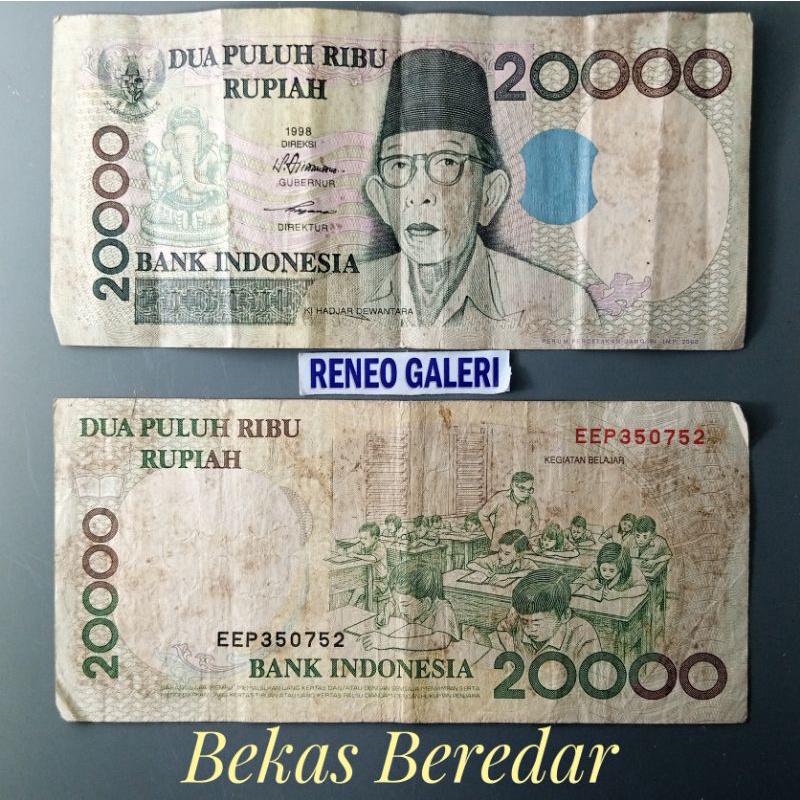 VF Asli 20000 Rupiah Dewantoro Tahun 1998 Dewantara Rp 20.000 uang kuno kertas duit jadul lama original