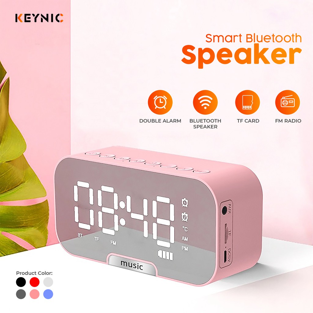 Keynic Speaker bluetooth with double alarm, clock, fm radio, mirror