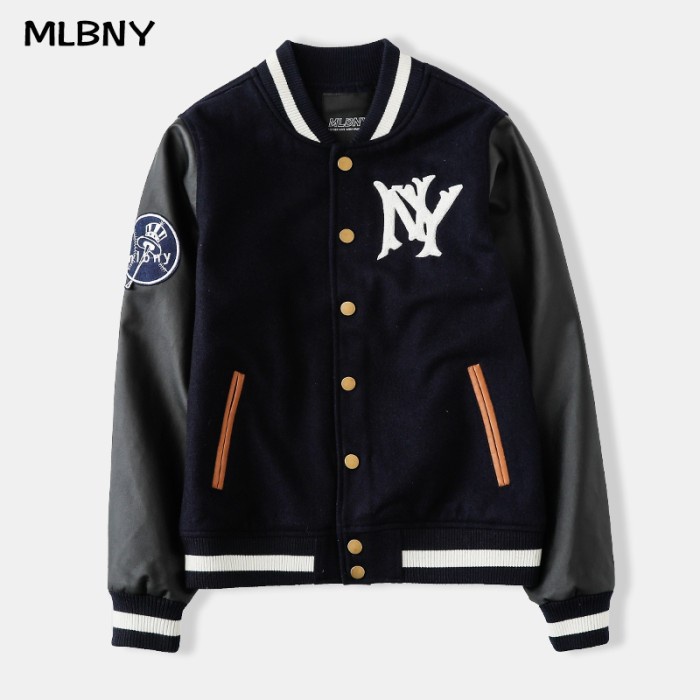 Varsity Jacket Mlbny Unisex Bomber Bordir Leather Sleeve - S Promo