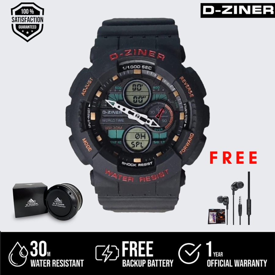 Jam Tangan Pria Dziner 8278 Original Double Time Black Red Water Resistant 30m