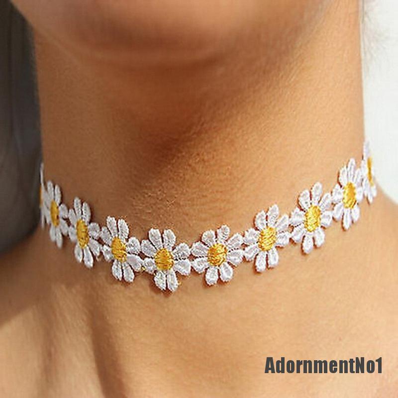 (Adornmentno1) Kalung Choker Lace Bunga Daisy Warna Kuning / Putih Gaya Boho Untuk Wanita