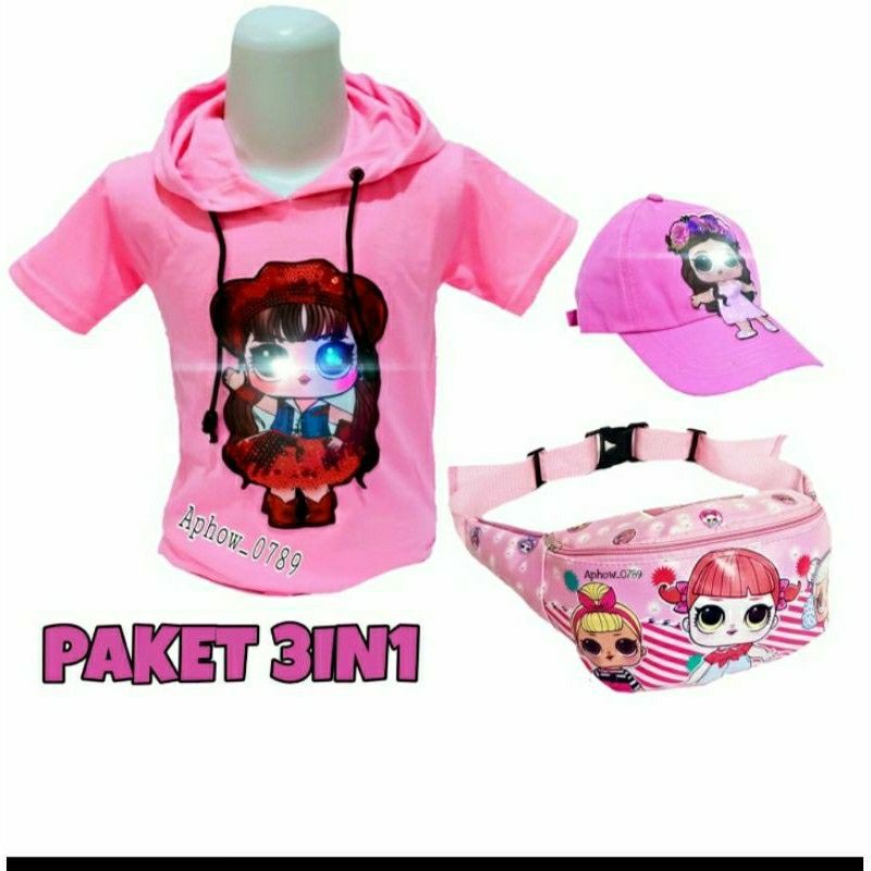 PROMO - PAKET 3 IN 1 KAOS HOODIE ANAK WAISTBAG DAN TOPI MOTIF LOL SEDANG DISKON REALPICK