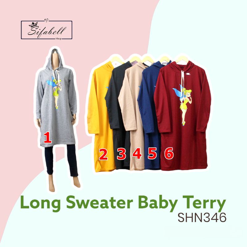 Long Hoodie Wanita Motif TinkerBell Sweater Panjang Baby Terry SHN346