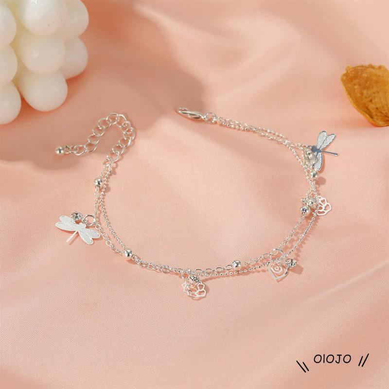 【COD】Gelang Kaki Rose Dragonfly Gelang Kaki Wanita Model Lapis Ganda Desain Mawar Capung Untuk Musim Panas / Pantai