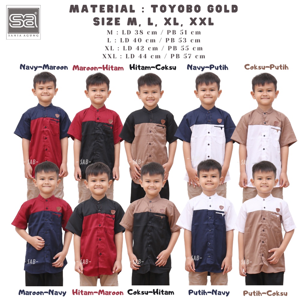 [COD] Baju Koko Anak Laki Laki Kurta Kombinasi Dua Warna Polos Lengan Pendek Umur 4 5 6 7 8 9 10 11 