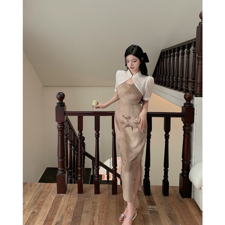 Suhao ditingkatkan cheongsam suspender dress perempuan musim panas retro gaya country hot girl pingg