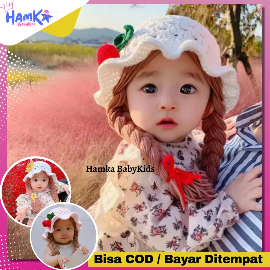 Topi Rajut Anak Perempuan Rambut Kepang Palsu Bayi Perempuan Import Korea Baby Hat Model Carry