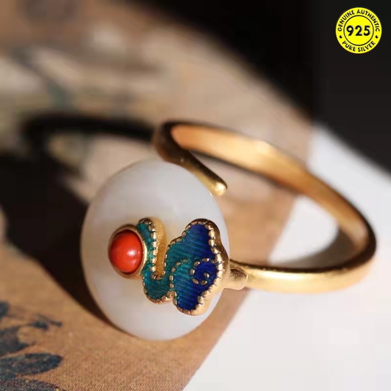 Cincin Enamel Desain Xiangyun Jade Hetian Gaya China Retro Untuk Wanita