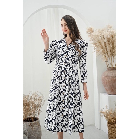 Dress Batik 258 AON Navy/ Dress Batik Panjang/ Gamis Batik