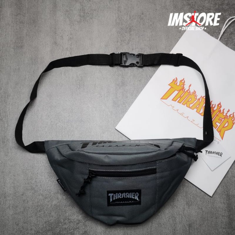 Waistbag Thrasher Flame Logo Waist Bag Grey With Paperbag Tas pinggang pria dan wanita